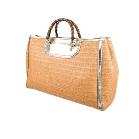 Gucci XL Bamboo Raffia Tote Bag With Gold-Tone Hardware & Leather Trim - Picture 2 of 13